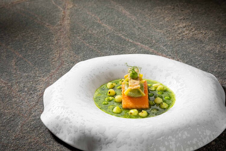 Ein kunstvoll angerichteter Teller mit einem Stück Lachs auf einer grünen Sauce, garniert mit frischen Kräutern und Gemüse.