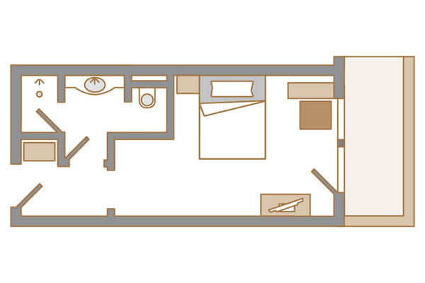 Der Grundriss eines Einzelzimmers zeigt ein Bett, einen Tisch und ein Badezimmer, alles in einem minimalistischen Design.