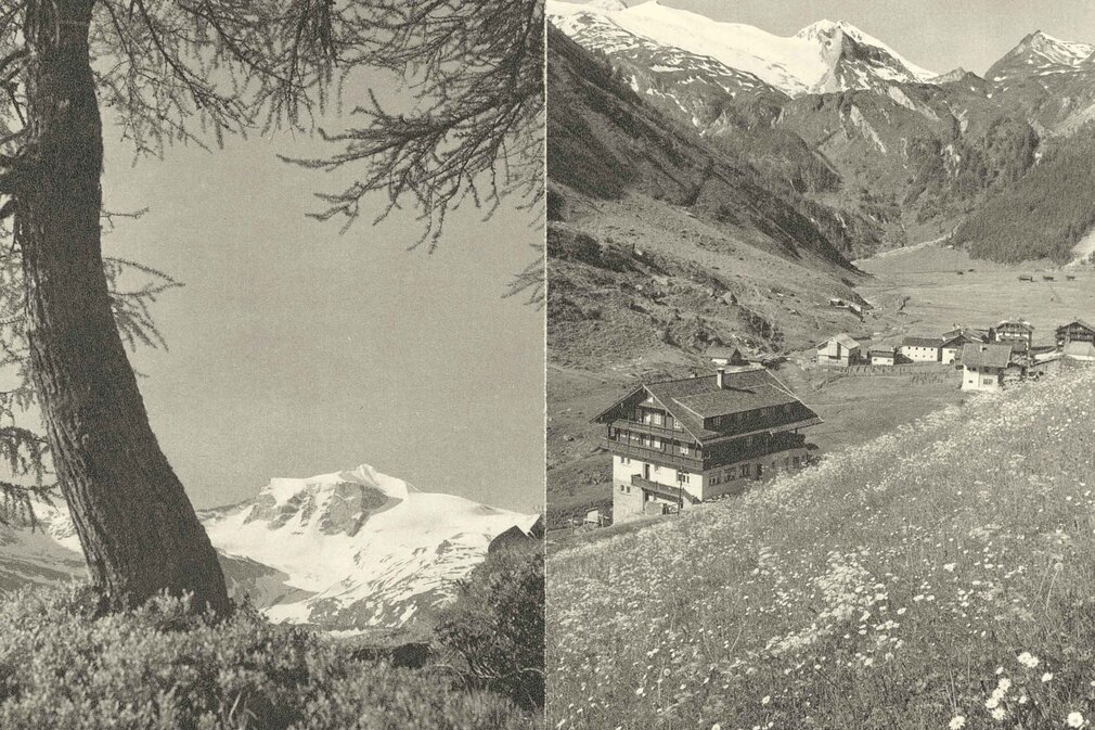 Eine nostalgische Darstellung des Alpenhofs, umgeben von der atemberaubenden Berglandschaft des Zillertals in Tirol.