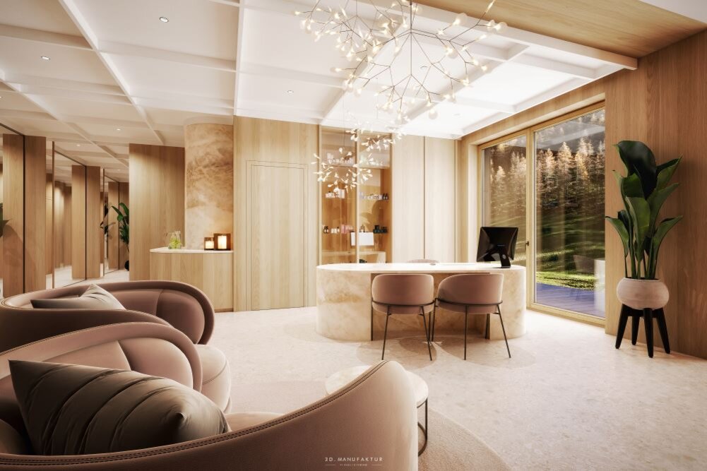 Ein elegantes Interieur mit Holzverkleidung, einem Empfangstresen und modernen Möbeln, umgeben von natürlichem Licht.