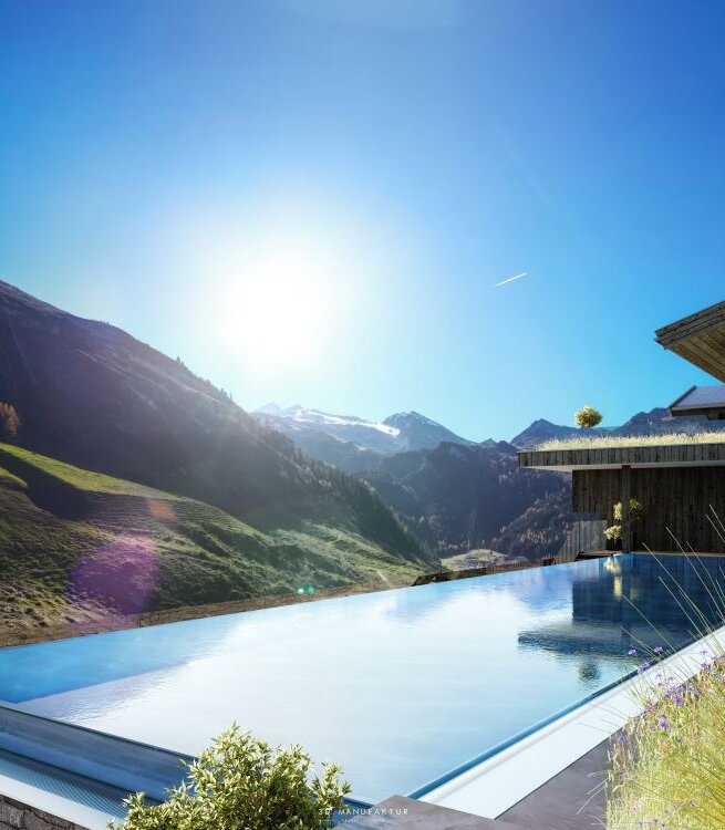 Ein moderner Pool mit Infinity-Design schimmert im Sonnenlicht, umgeben von majestätischen Alpenlandschaften.