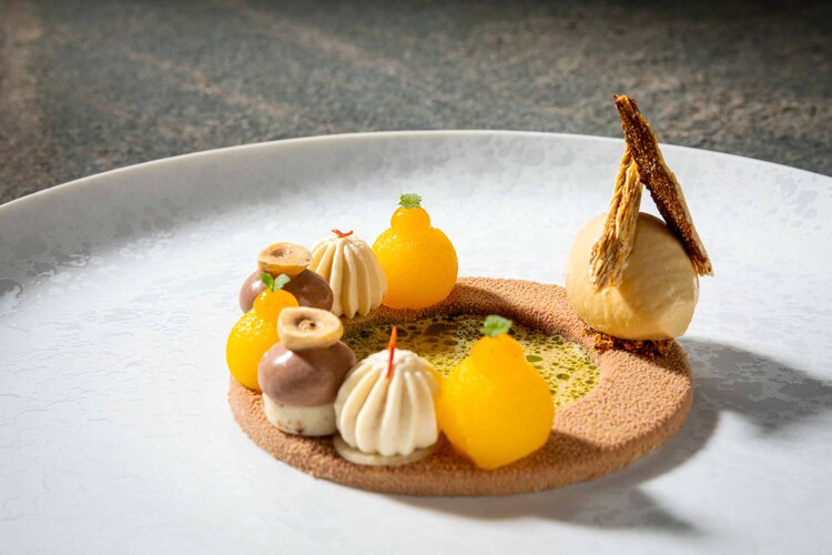 Ein geschmackvolles Dessert mit einer Kombination aus fruchtigen und sahnigen Komponenten, kunstvoll auf einem eleganten Teller arrangiert.