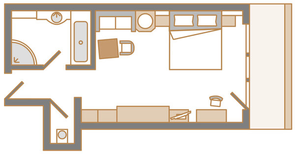 Der Grundriss zeigt ein kompaktes Zimmer mit einem Bett, einem Tisch und einem Stuhl, ideal für eine effiziente Raumnutzung.