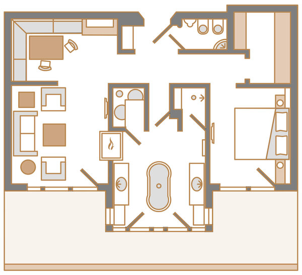 Der Grundriss zeigt eine moderne Wohnung mit einem offenen Wohnbereich, Küche und mehreren Schlafzimmern.