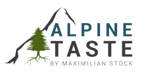 Ein modernes Logo mit dem Schriftzug 'ALPINE TASTE', das Natur und Frische verkörpert.