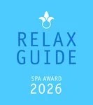 Ein blauer Hintergrund mit dem Text 'RELAX GUIDE' und dem Hinweis auf den Spa Award 2026 in eleganter Schrift.